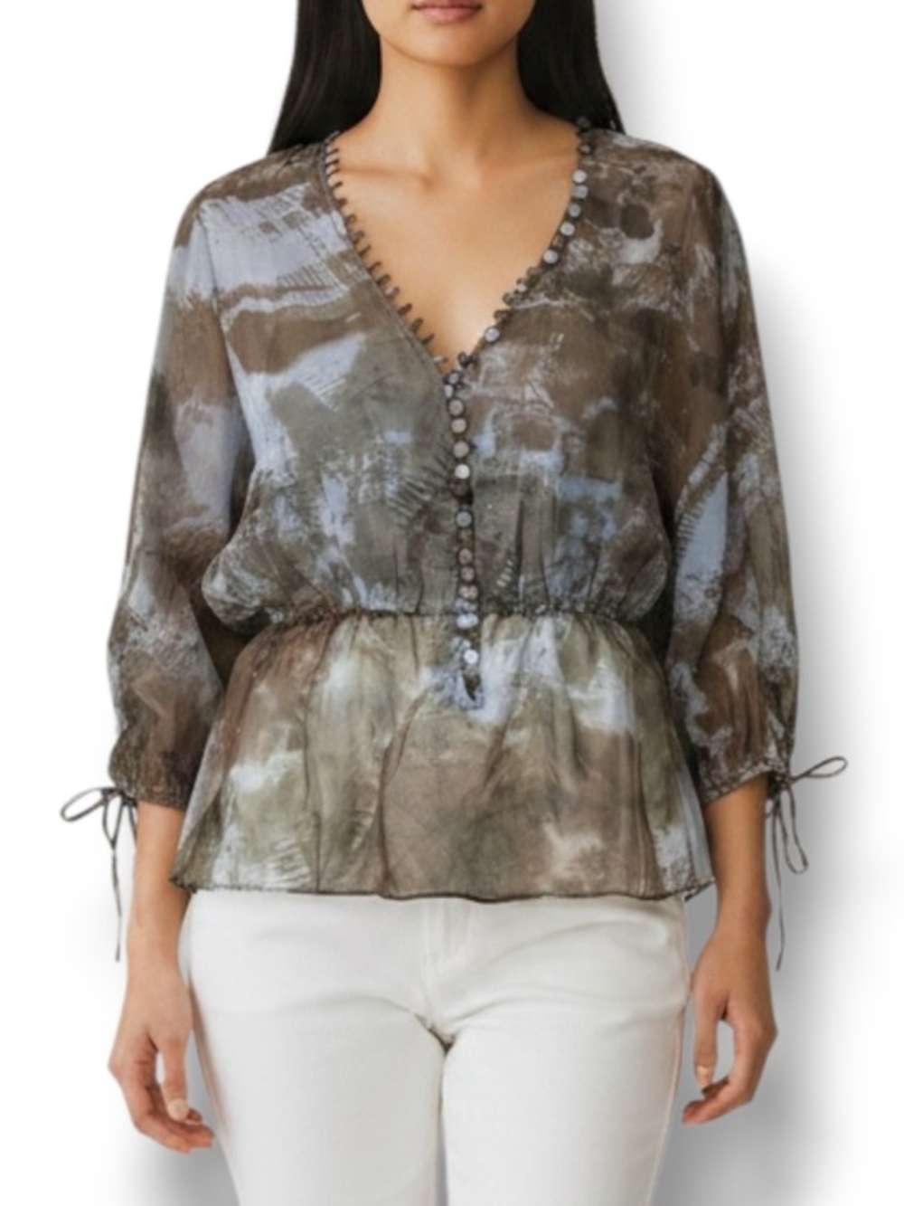 4/$20 Blue Tassel 100% Silk Blouse Abstract Print V Neck Peplum Small NWT